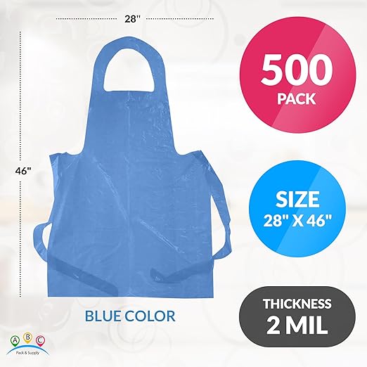 ABC PACK & SUPPLY Blue Plastic Disposable Aprons Adults for Painting, 28 x 46 Inches. Pack of 500 Disposable Plastic Aprons, 1.5 Mil. Unisex Waterproof Polyethylene Painting Apron for Food Industry