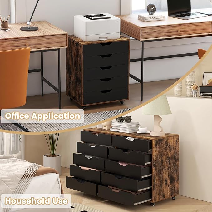 File Cabinet, Mobile Filing Cabinet w/Universal Wheels & 5 Drawers, Wood Printer Stand with Storage, Rolling File Cabinets for Home Office, Living Room, Bedroom (Rustic Brown, 5 Drawers)