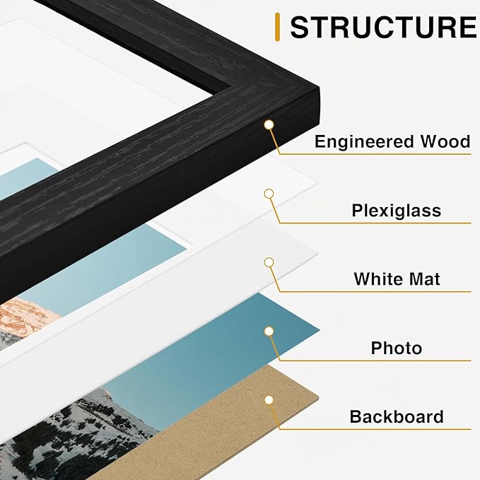 Vittanly Picture Frames Set of 14, Gallery Wall Frame Set with 2Pcs 11x14, 6Pcs 8x10 and 6Pcs 5x7 Photo Frames, Picture Frames Collage Wall Decor for Wall or Tabletop Display, Black