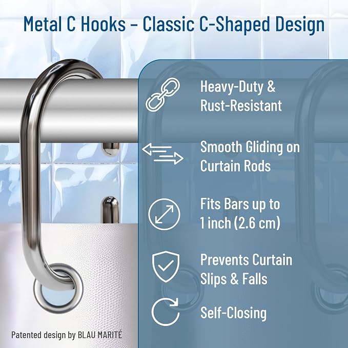 12 Metal Shower Curtain Hooks, Rust-Proof Decorative C-Shaped Curtain Hooks - Image 3