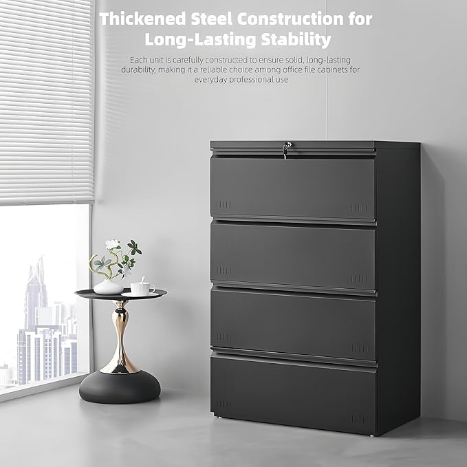 Lateral 4 Drawer File Cabient with Lock, Metal Filing Cabinets for Home Office, Heavty Duty Office Storage Cabinet for A4/Letter/Legal (Matte Black)