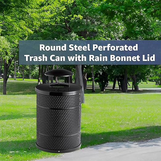 32 Gallon Perforated Trash Can with Rain Bonnet Lid, Steel Outdoor Heavy-Duty Commercial Waste Bin, Round Recycle Container, Durable Garbage Can for Parks, Municipalities, Schools, Parking