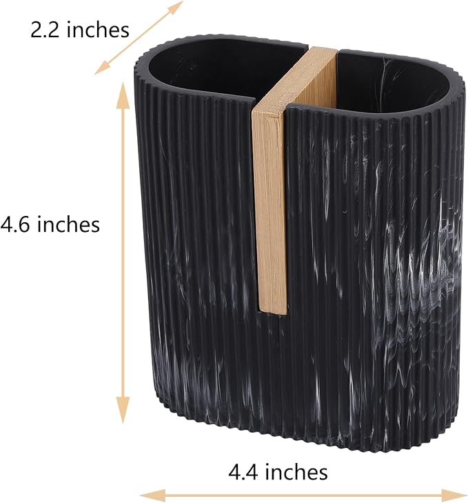 Toothbrush Holders for Bathroom, Bamboo Toothbrush Stand, Marble Black | - Image 6