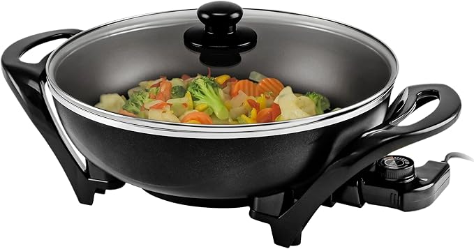 OVENTE Electric Wok with Nonstick Coating, 13 Inch Family-Sized Skillet, 1400W Power, Adjustable Temperature, Tempered Glass Lid, Cool Touch Handles and Easy to Clean Frying Surface, Black SK3113B