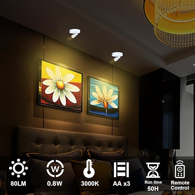 LED Spotlight, Battery Operated Spotlights with Remote, Up Lighting for Indoor Plants, Dimmable Tree Spotlight, Picture Lights for Wall Art Display Dartboard Painting Artwork Accent Frames