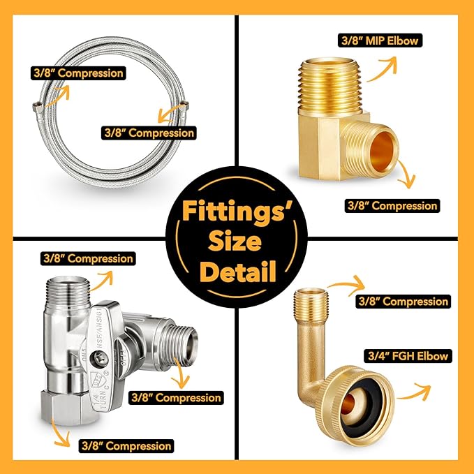 Dishwasher Hose Installation Kit - Includes Water Supply Line, 3/8" Compression Water Splitter, 3/4" FHT Elbow, and 3/8" MIP Elbow (18 FT)