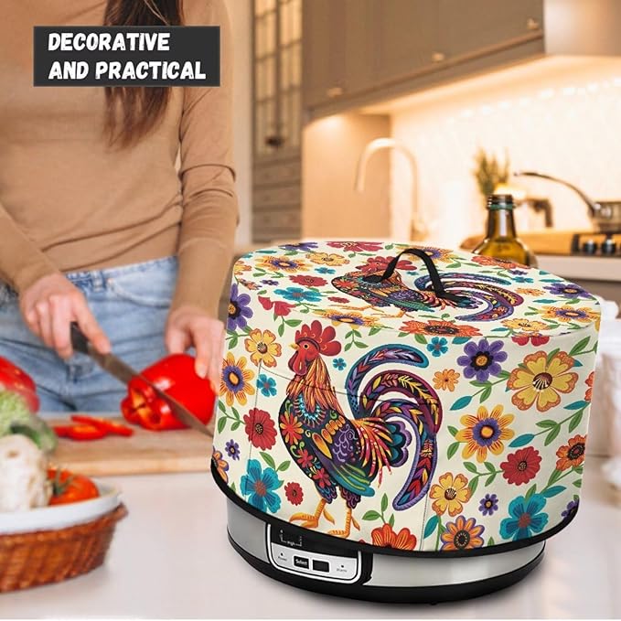 Rooster Colorful Floral Print Oval Slow Cooker Cover with Side Pocket for Small Kitchen Appliance Rice Cooker Cover Keep Kitchen Clean and Easy to Use, 16 x 14 x 9.6 inch