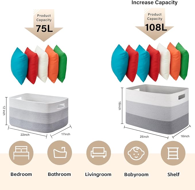 OIAHOMY Blanket Basket Laundry Basket Dog Toy Basket 108L Gradient Grey - Image 3