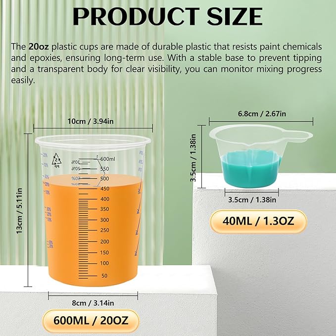Artcome Mixing Cup Kit - 50 PC 20oz (600ml) Plastic Measuring Cups, 50 PC Wooden Mixing Sticks, 100 PC 40ml Disposable Small Cups, 10 PC Stirring Rods - Ideal for Epoxy Resin, Paint & Liquid Mixing