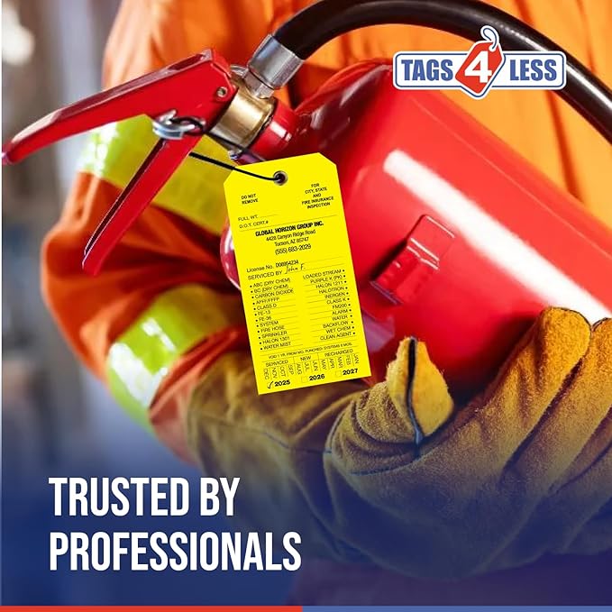 Tags 4 Less Custom Fire Extinguisher Tags – Preventative Maintenance Labels for Monthly Inspections, Alternative to Safety Sticker for Easy Record-Keeping – Pack of 100 (Yellow, Vinyl Plastic)