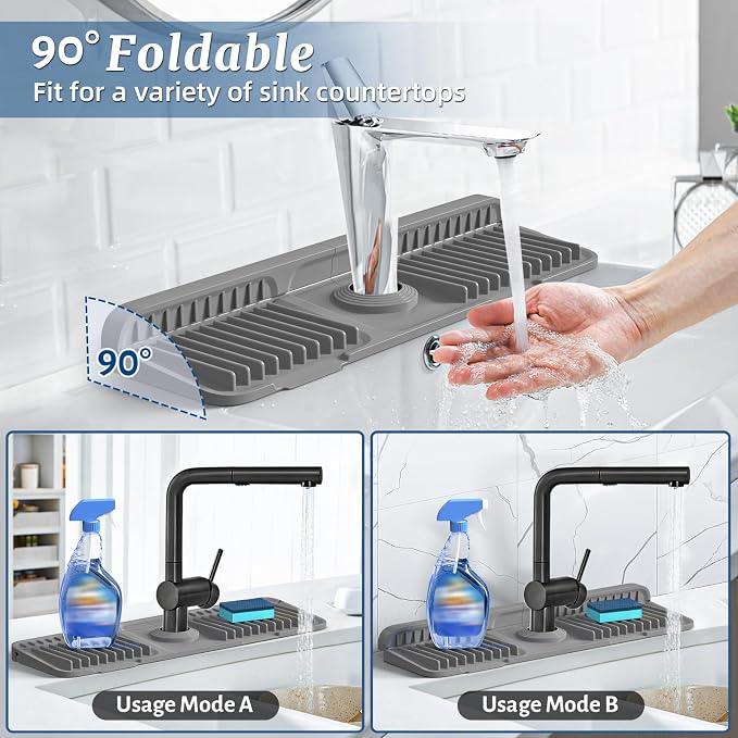 PoYang 17.7 Inch Faucet Mat for Kitchen Sink Splash Guard, Snap Button Holds It - Image 2