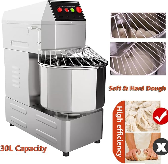 INTSUPERMAI Commercial Dough Mixer Machine Electric Food Mixer with Double Action Double Speed Spiral Mixing for Schools Bakeries Restaurants Pizzerias 110V 30L Capacity