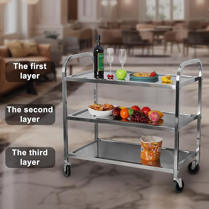 uyoyous Extra Large 3 Tier Stainless Steel Utility Cart 37 x20 x37 inch Commercial Heavy Duty Rolling Cart Food Storage Service Trolley with 360°Rotatable Wheels for Kitchen Hotel Restaurant Home Use