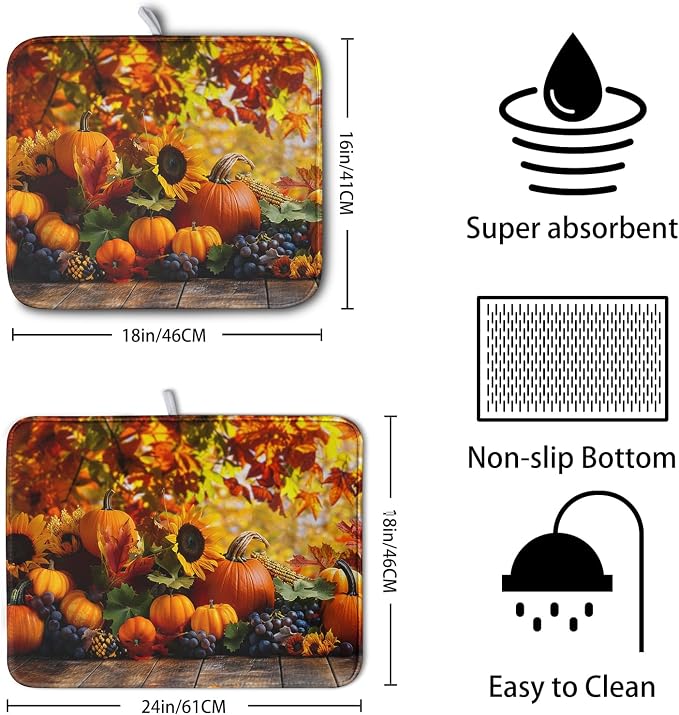 Fall Dish Drying Mat Autumn Harvest Pumpkin Maple Leaf Sunflower Drying Mats - Image 2