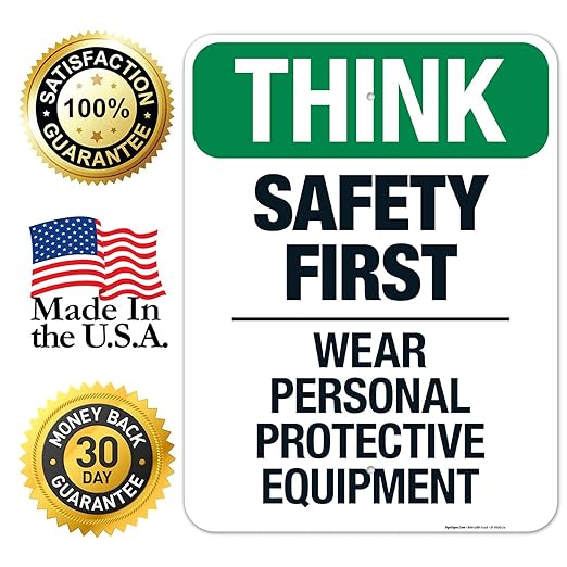 Think Safety First Wear Personal Protective Equipment Sign, 18x24 Inches, 55 mil Thick HDPS (high Density polystyrene), Made in USA