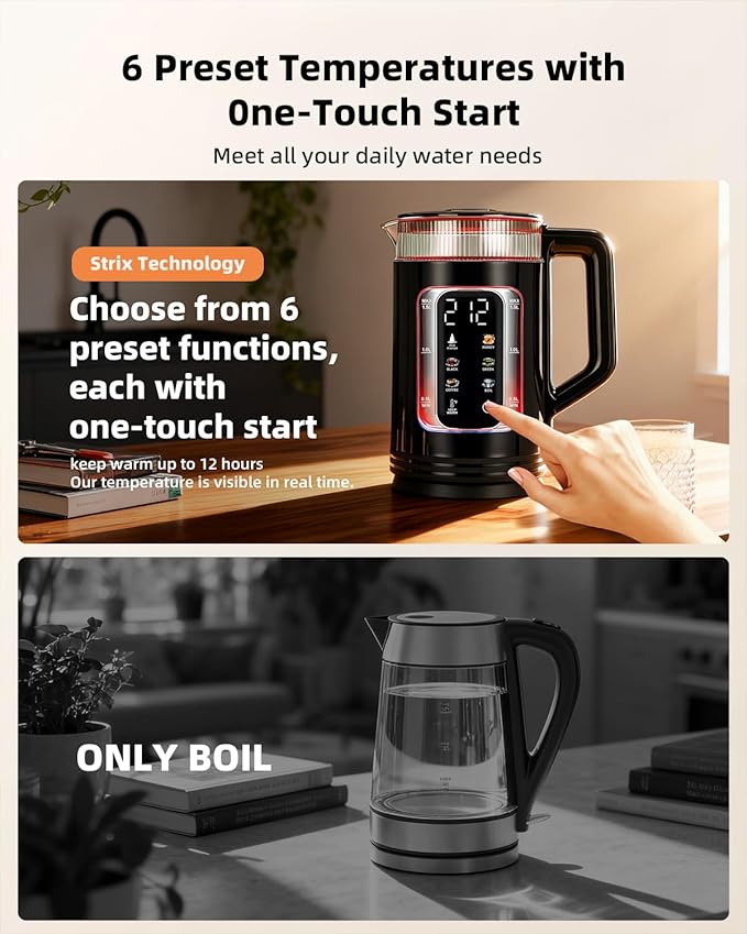 Electric Tea Kettle with Temperature Control, Glass smart Water Boiler for Tea, Coffee & Boil, Automatic Shut Off, 12h Keep Warm & One-Touch 6 Presets