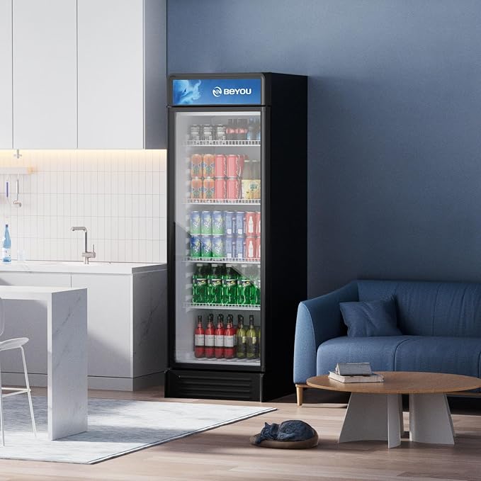 BEYOU Commercial Beverage Refrigerator, 9.7 cu. Ft Upright Dispaly Merchandiser with Single Glass Door, Drink Cooler for Living Room,Bar, Garage（Black）