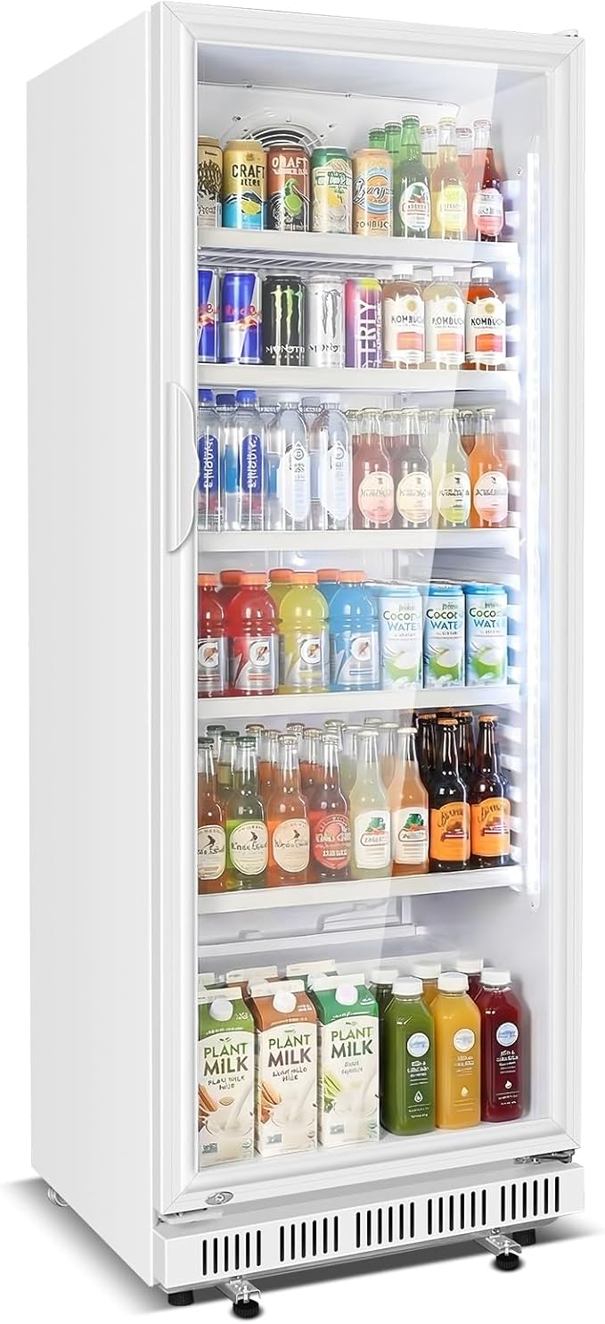 Commercial Beverage Refrigerator, 24.5" Glass Door Display Fridge, 15 Cu.Ft Beverage Cooler with 5 Adjustable Shelves, Auto Rebound Door, Low Noise, for Shops, Restaurants & Bars WHITE