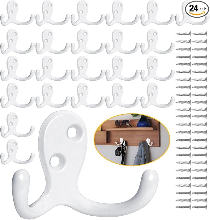 Homanu 24 Pack Coat Hooks, Heavy Duty Double Prong Coat Hooks Wall Mounted by Homanu