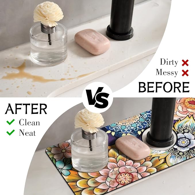 Boho Colorful Mandala Flower Kitchen Sink Splash Guard Faucet Mat, Faucet - Image 3