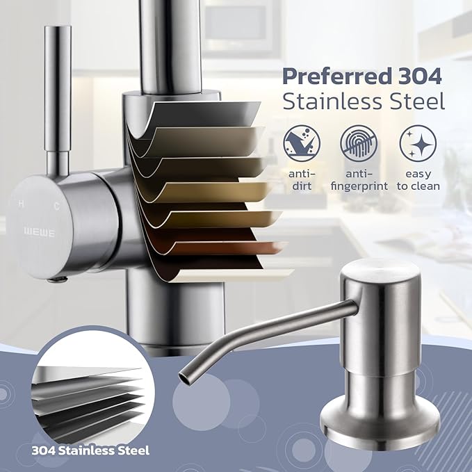 WEWE Kitchen Sink Faucet with Soap Dispenser, Lead-Free Kitchen Faucet with Pull Down Sprayer 3 Modes Stainless Steel Single Handle Single Hole Pull Out Brushed Nickel Faucet for Bar Laundry RV Sink