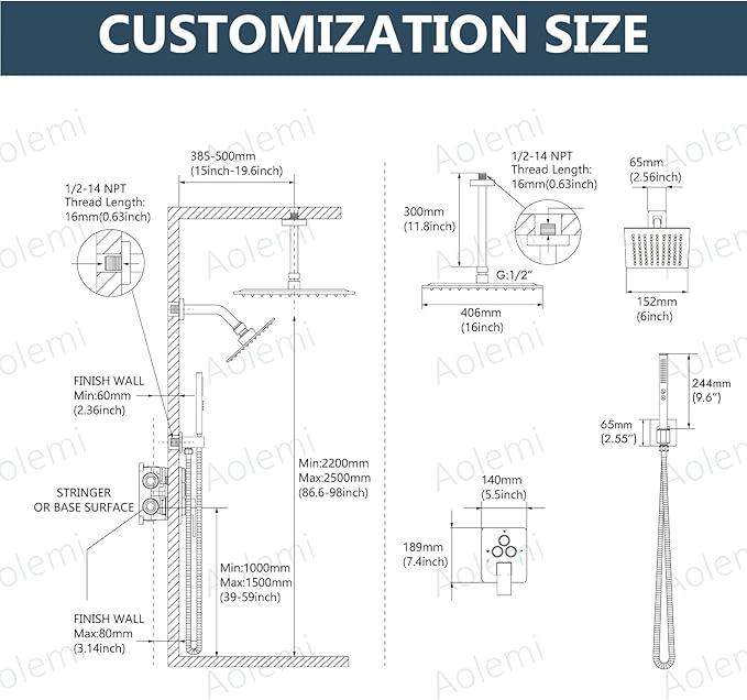 Aolemi Shower Faucet Set Ceiling Mount Shower System Rough-in Valve and Shower Trim Kit 2 in 1 Handheld Spray Push Button Diverter 16 and 6 Inch Dual Shower Head Matte Black