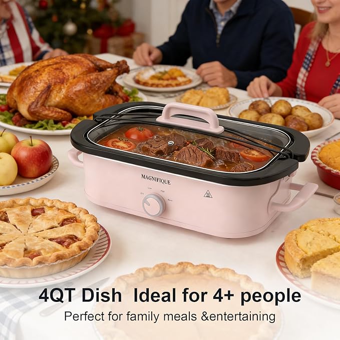 4-Quart Slow Cooker with Casserole Manual Warm Setting - Perfect Kitchen Small Appliance for Family Dinners, Dishwasher Safe Crock, Pink