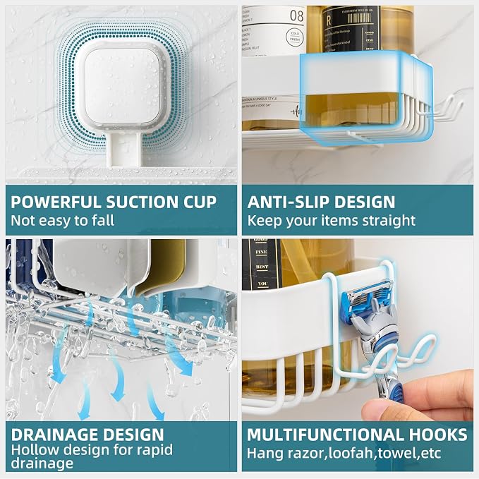 TAILI Shower Caddy Suction Cup Rustproof Metal Shower Shelves White 2pack - Image 7