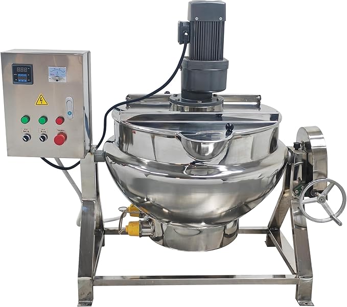 100L Jacketed Kettle 220V 1100W Commercial Electric Automatic Cooking Pot Tilting Jacketed Pot Three Phase with Mixer for Soup Sugar Jam