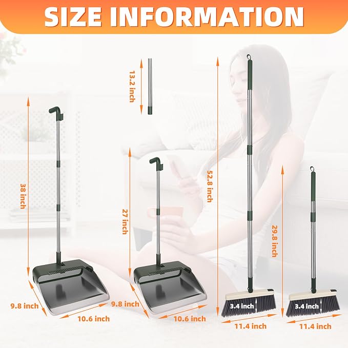 Broom with Dustpan Combo Set, Lightweight Standing Metal Dust Pan with Teeth - Image 2