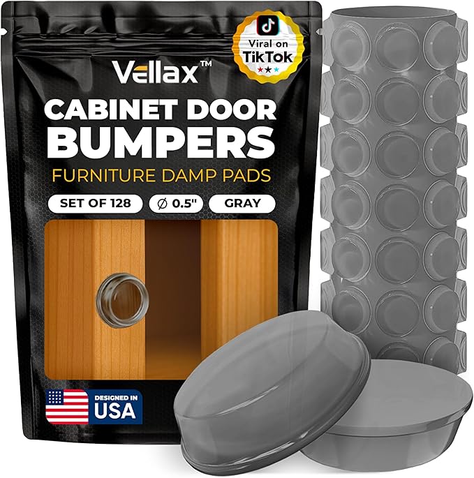 128 Gray Cabinet Door Bumpers - 1/2 Inch Self Adhesive Rubber Stoppers for Drawers, Damp Pads Cupboards, Cutting Boards, Glass Tops, Picture Frames - Vellax