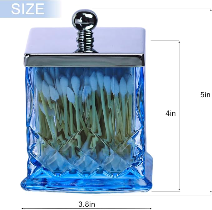 15Oz Blue Q-Tip Holder, Square Thick Glass & Metal Lid - Image 6
