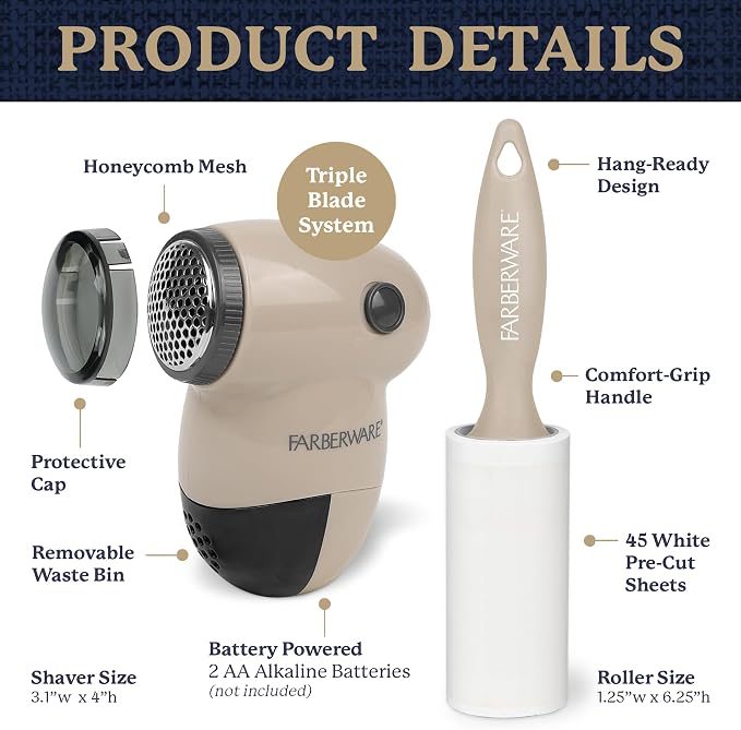 Farberware Fabric Shaver & Lint Roller Set, Portable | Sticky sheets lift pet - Image 6
