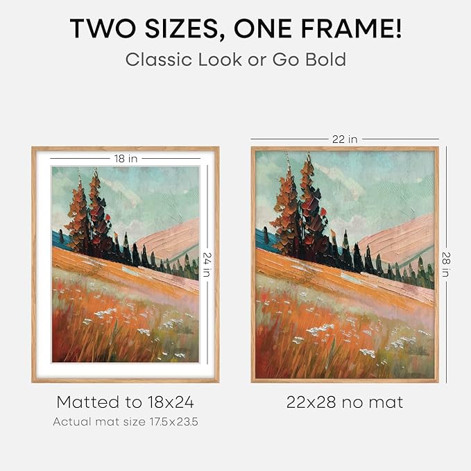 Homeforia Wooden Poster Frame 22x28, High End Natural Oak 22 x 28 Picture Frame with Mat 18 by 24, 22x28 Light Wood Frame Matted to 18x24 Photo, 28by22 Large Frames, Tempered Glass, Wall Kit, Set of 2