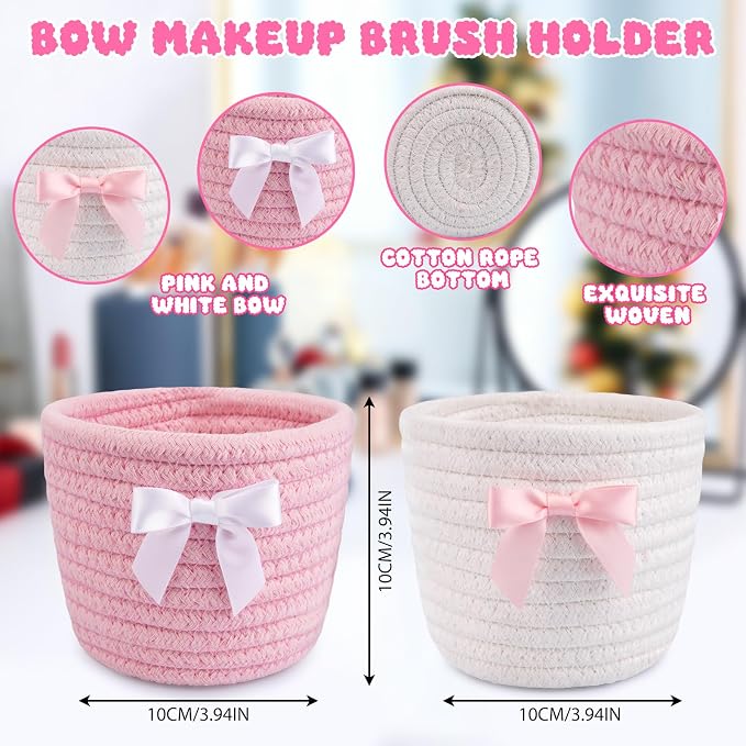 2 Pack Bow Makeup Brush Holder- Mini Woven Cotton Rope Small Oval Basket - Image 2