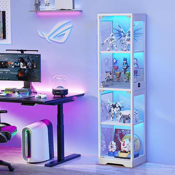 Glass Display Cabinet, 4-Tier Curio Cabinets with 3 Color Lights for Collectibles, Storage Cabinet with Door, Glass Display Case & Bookcase with Human Body Sensor, White