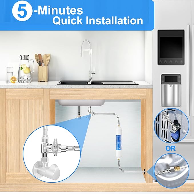 Fridge Water Line Kit - 20FT Premium Stainless Steel Braided Refrigerator Water Line with Tee Stop Valve,Foodgrade PEX Inner Tube Ice Maker Water Line with 1/4" Fittings for Refrigerator Ice Maker