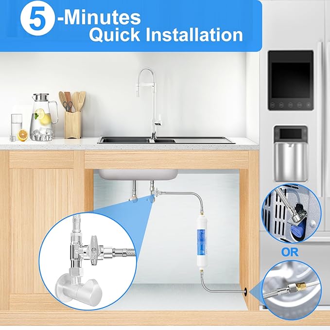 Fridge Water Line Kit - 25FT Premium Stainless Steel Braided Refrigerator Water Line with Tee Stop Valve,Foodgrade PEX Inner Tube Ice Maker Water Line with 1/4" Fittings for Refrigerator Ice Maker