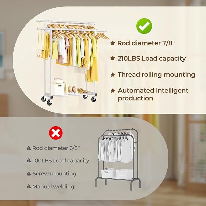HYSEYY Double Rods Clothes Rack, Rolling Clothing Rack - Image 5