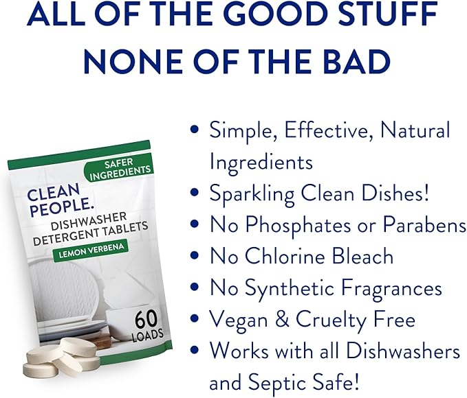 The Clean People Dishwasher Tablets - Cuts Grease & Rinses Sparkling Clean - Residue-Free - Phosphate Free Dishwashing Tablets (60 Count, Fragrance Free)