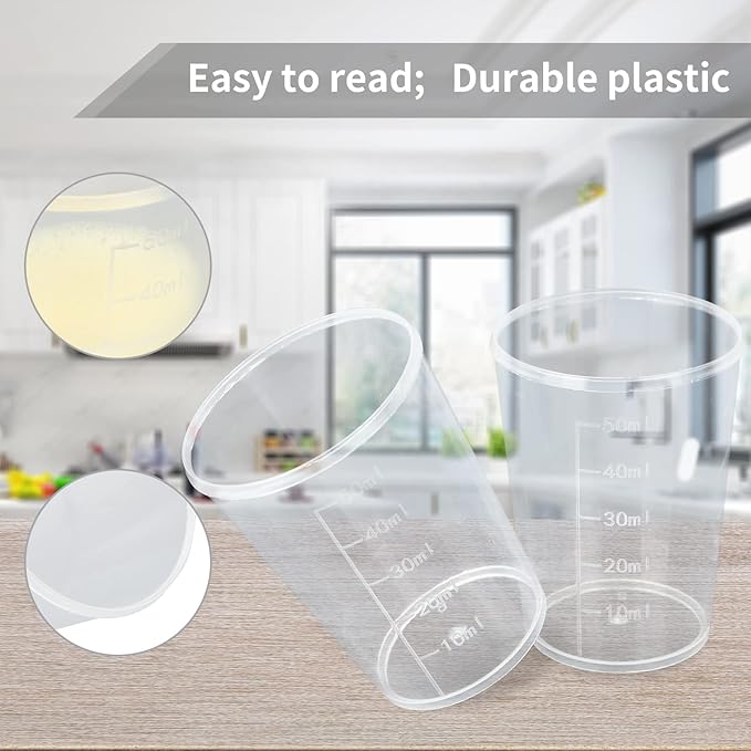 100pcs 50ML Plastic Graduated Measuring Beaker Set, Clear Liquid Measuring Mixing Cups for Epoxy Resin, Liquid Container Beakers for Resin Epoxy Paint Food, Lab Use, Raised Graduations, Tapered Spout