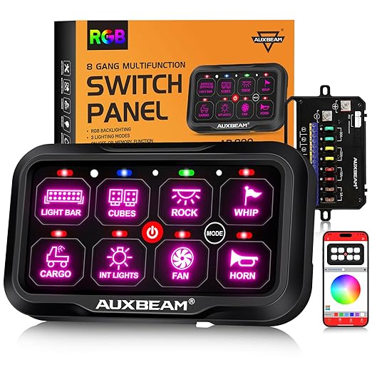 Auxbeam 8 Gang Switch Panel AR-800 Bluetooth RGB Switch Pod Toggle Momentary Pulsed Dimmable Backlight Multifunction Switch Panel with Memory Function 12-24V Truck Offroad ATV Marine Waterproof