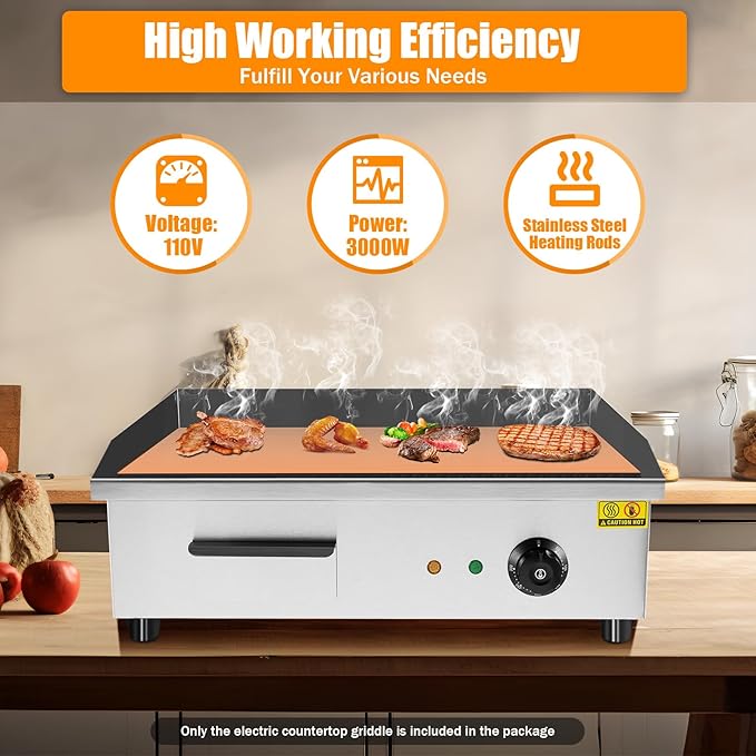Electric Griddle, Electric Countertop Flat Top Griddle, 110V 3000W Stainless Steel Non-Stick Flat Top Grill, 122-572℉ Adjustable Temp Control for Restaurant Kitchen BBQ Pancake