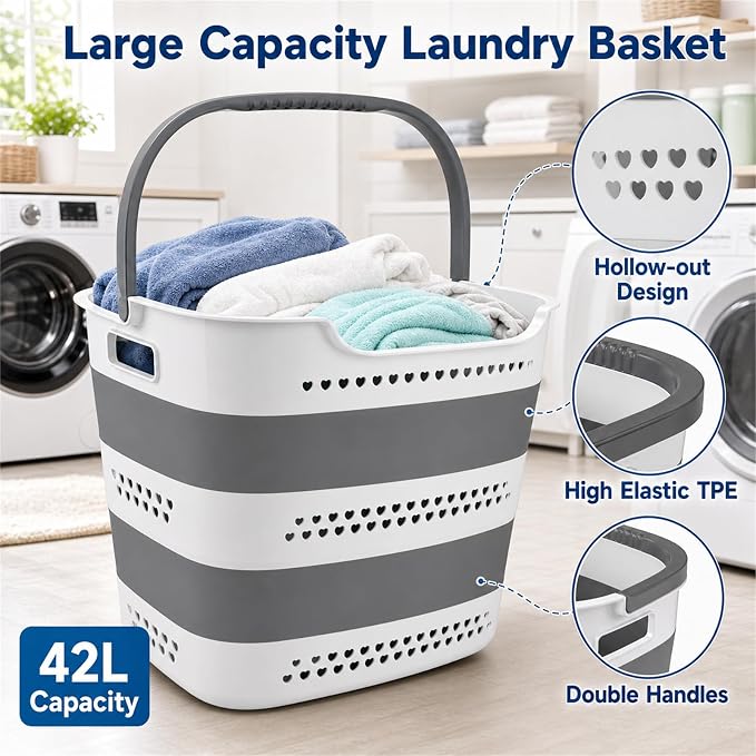 2 Pack Collapsible Plastic Laundry Basket - 42L Foldable Pop Up Clothes Hamper - Image 5