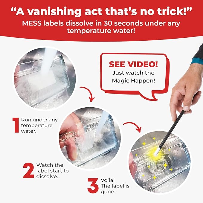 MESS Dissolvable Food Labels, 1x3, 200/Roll - Dissolves in 30 Seconds or Less - Removable Pantry, Meal Prep & Food Storage Labels – Canning & Freezer Use