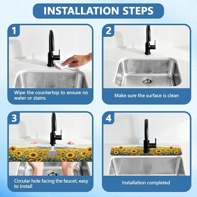 2 Pcs Kitchen Sink Splash Guard Faucet Mat Oil Painting of Sunflowers Pattern - Image 4