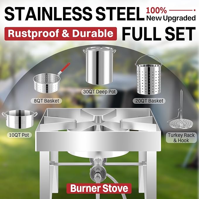30QT Turkey Fryer Kit | Stainless Steel | Cover | Skimmer | 50,000BTU Burner | Outdoor Deep Fryers with Basket | Seafood Boil Pot | Crab Shirmp & Crawfish Boiler