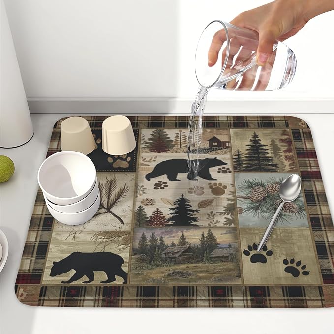 Giwawa Black Bear Dish Drying Mat Forest Cabin Decorative Dishes Pad 16x18 Inch - Image 6