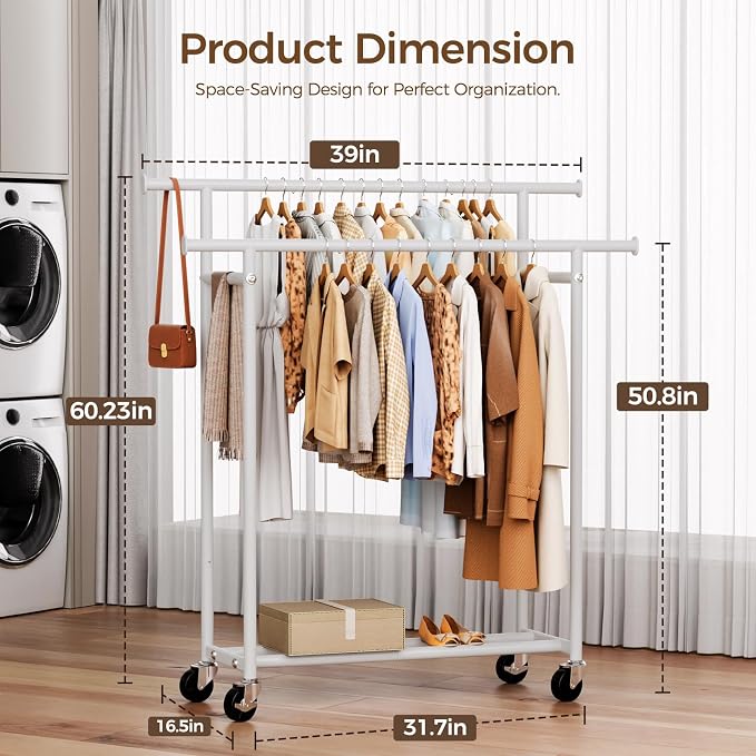 HYSEYY Clothes Rack, Double Rods Rolling Clothing Rack - Image 3
