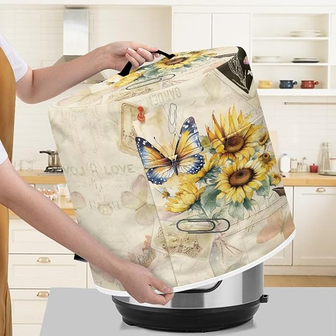 Insulated Pressure Cooker Appliance Cover, Also Fit for Rice Cooker, Air Fryer and Crock Pot, 6 Qt Dust Cover with Pocket for Spoon/Cooking Utensils/Recipes, Butterfly Sunflower Retro